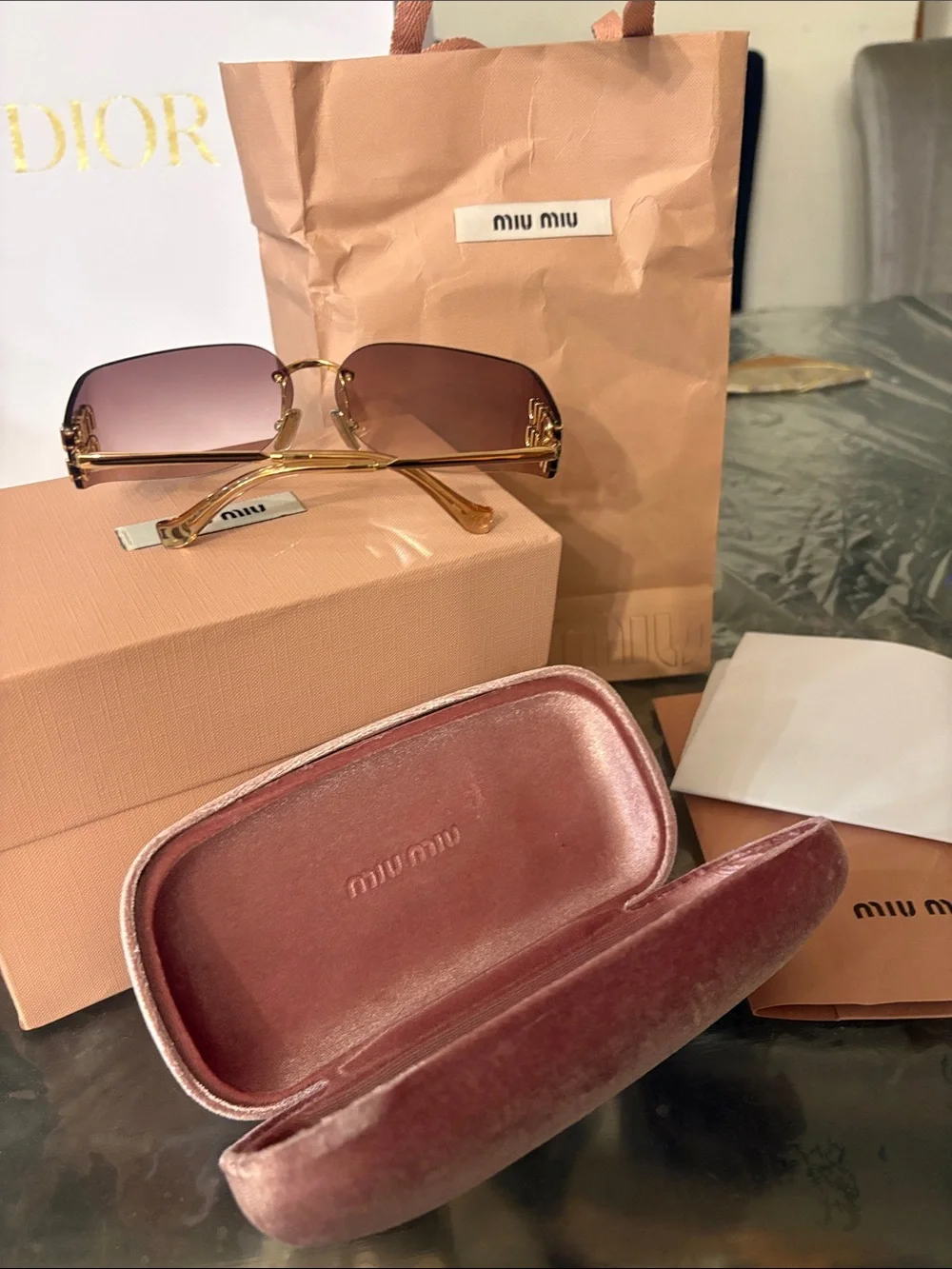 Miu Miu Rimless Sunglasses with Brown Gradient Lenses and Gold Temples